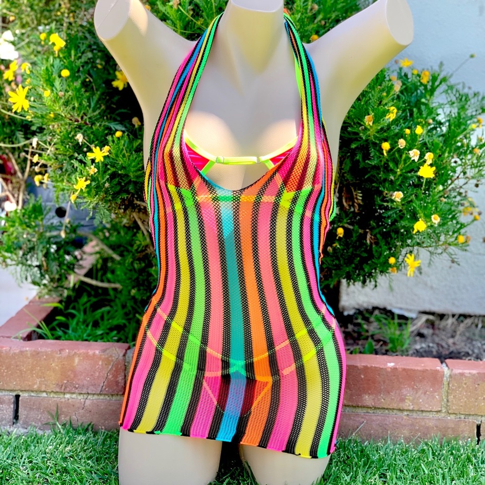 Neon mesh halter top cover up